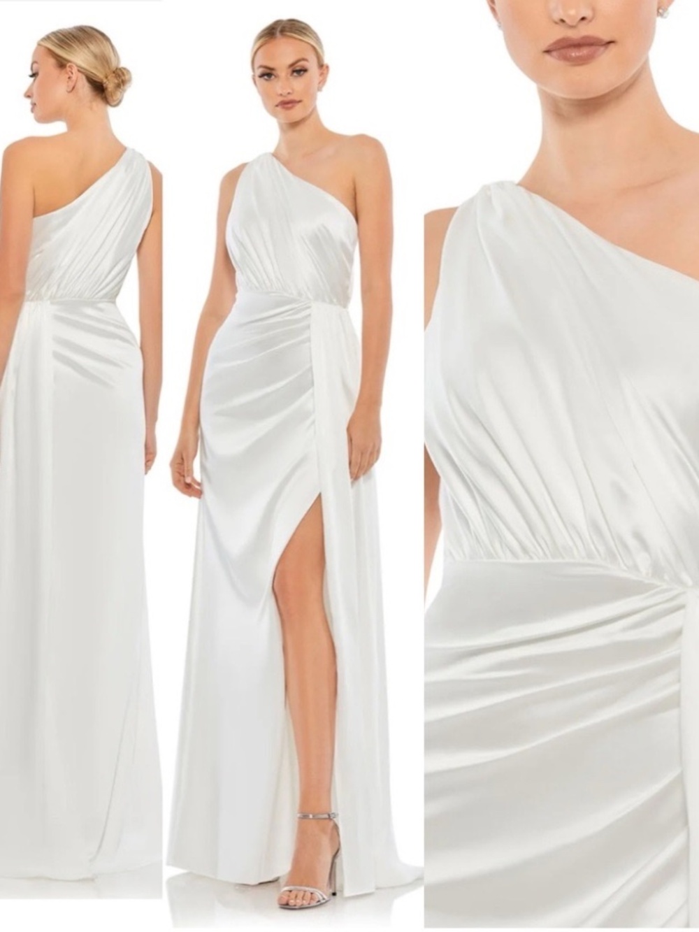 NWT Mac Duggal - White Gathered One Shoulder Satin Faux Wrap Gown 26654 Sz 0